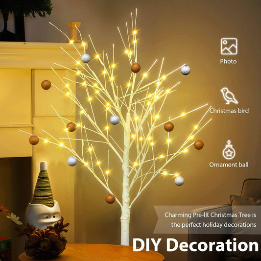 Artificial Birch Tree with Warm White LED lights and hanging brown and silver ornament balls on Tampa Home & Garden Store