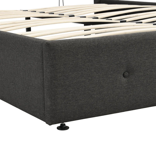Upholstered platform bed queen gray with storage, dark fabric, wood slat base on Tampa Home & Garden Store