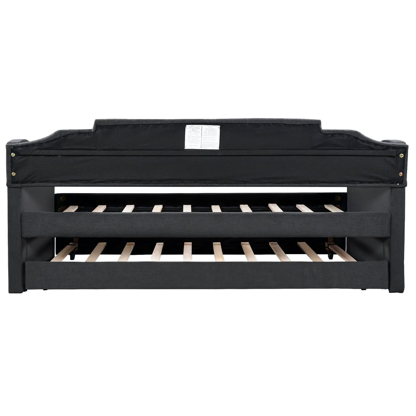 Upholstered twin daybed with trundle in black fabric with wood slat foundation on Tampa Home & Garden Store
