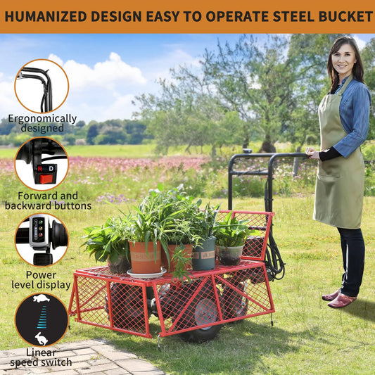 Electric wheelbarrow cart 48V 500W, 500lb capacity, red ergonomic frame in a garden scene on Tampa Home & Garden Store