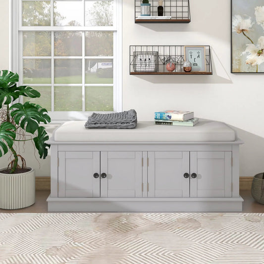 Trexm storage bench with 4 doors and shelves in light gray finish with wall grid shelves on Tampa Home & Garden Store