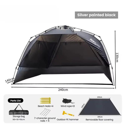 Outdoor 3-4 Person One-Touch Quick-Set Tent silver painted black, pop-up; 240x140 cm on Tampa Home & Garden Store