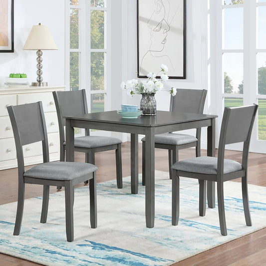 Modern square gray wood dining set with 4 chairs and cushioned seats in a bright dining room on Tampa Home & Garden Store