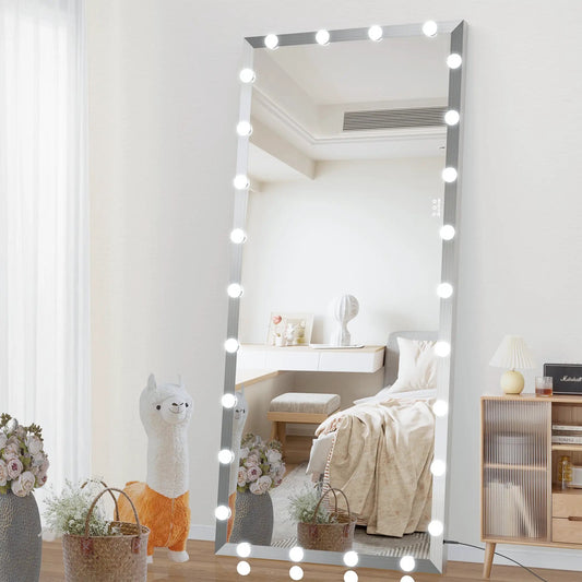 Hollywood full-length vanity mirror with 3 color mode LED lighting in a silver frame on Tampa Home & Garden Store