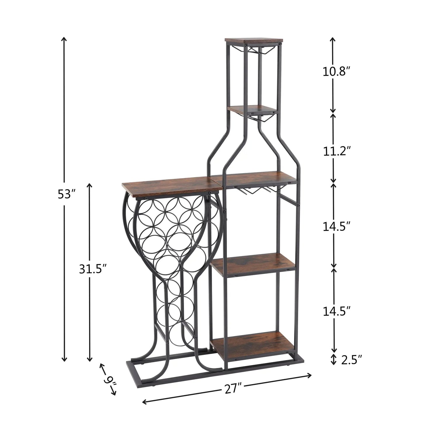 Tall 11-bottle wine rack with glass holder, dark metal frame and brown wood shelves on Tampa Home & Garden Store