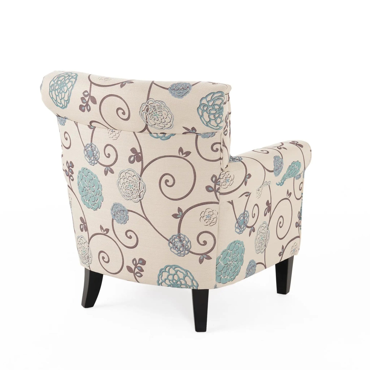 Jasmine Club Chair white and blue floral fabric with curved back and dark wood legs on Tampa Home & Garden Store