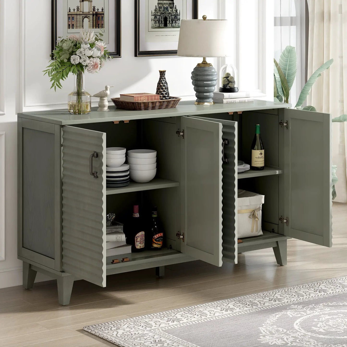 Trexm Sideboard 4-Door Buffet Antique Gray by V.I.P Digital Presence with grooved door panels on Tampa Home & Garden Store