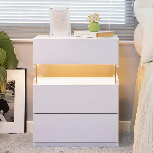 White LED nightstand with 3 drawers, modern minimalist dresser with warm under-light glow on Tampa Home & Garden Store