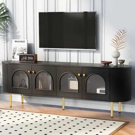U Can Modern TV Stand for 80 Inch TVs, black with ribbed glass-front doors on Tampa Home & Garden Store