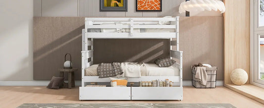Wood twin-over-full bunk bed in white with 2 built-in drawers, ladder, and guard rails on Tampa Home & Garden Store