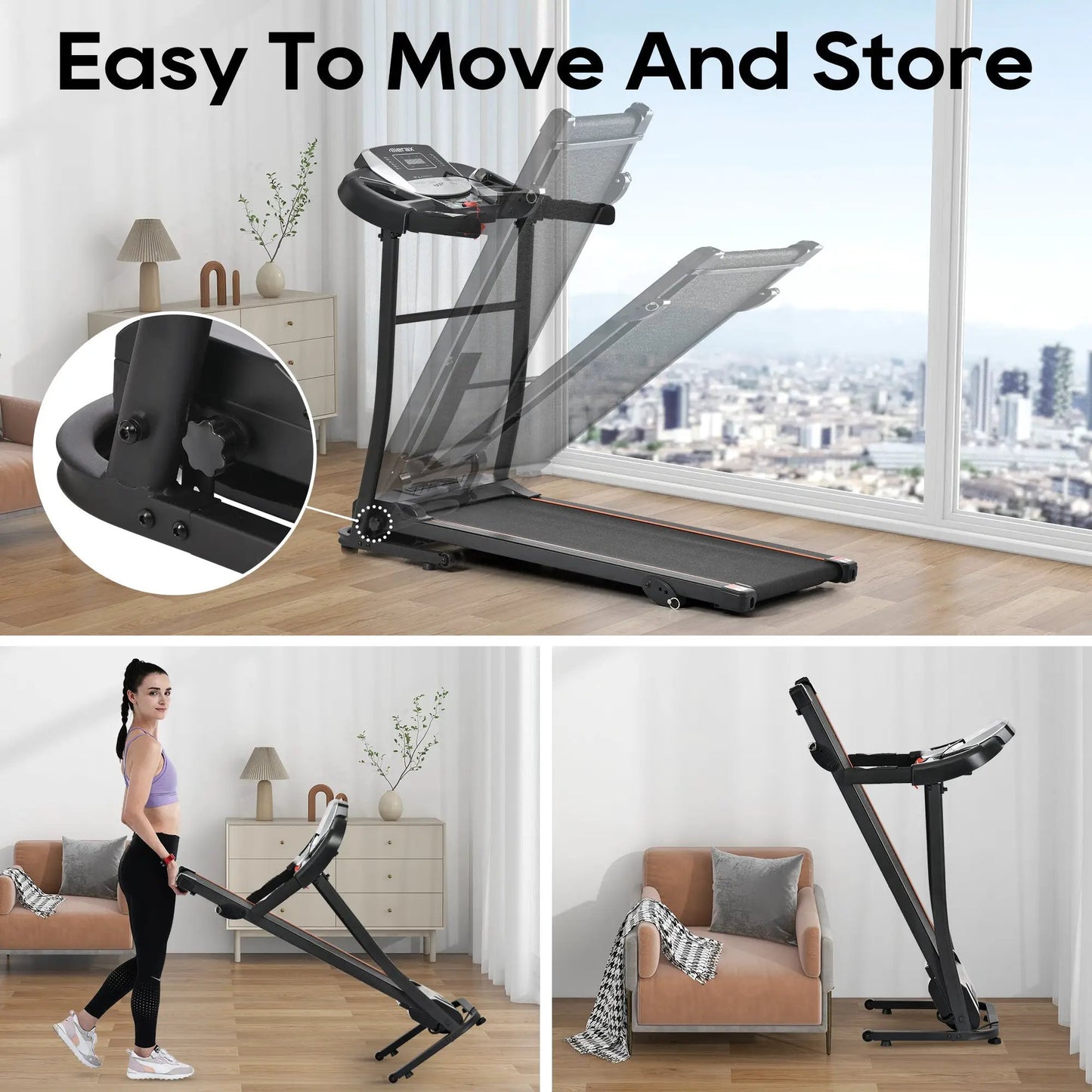 Cinta de correr plegable doméstica con sensor de pulso, motor silencioso sin escobillas de 2,5 caballos de fuerza, inclinación de 3 niveles, 12 programas preestablecidos