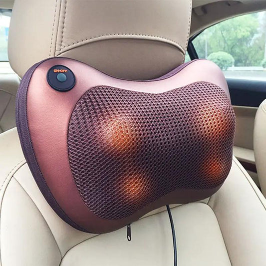 Electric neck massage pillow with infrared heating, brown fabric and mesh front on car seat on Tampa Home & Garden Store