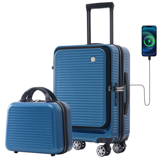 Bagage à main 20 pouces, Valise légère à ouverture frontale avec poche avant et port USB, 1 étui de transport portable