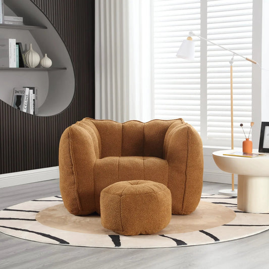 Soft bean bag chair with foam chips and footstool in brown fabric, cozy living room seating on Tampa Home & Garden Store