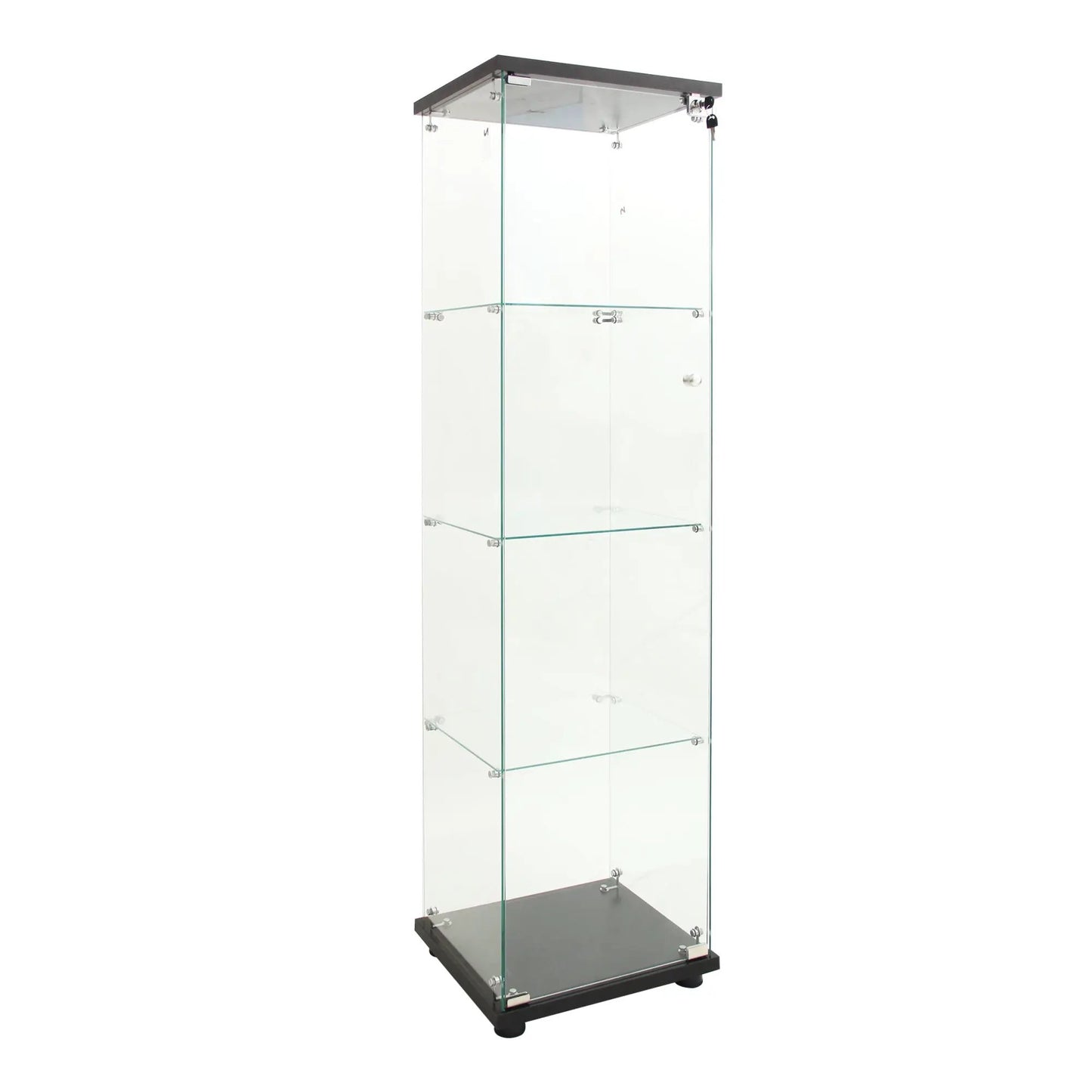 4 LED glass display cabinet with doors, floor-standing, black base, clear glass panels on Tampa Home & Garden Store