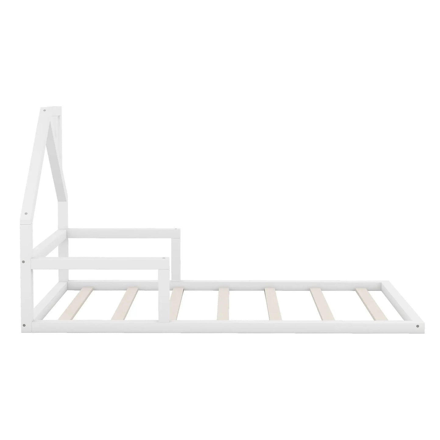 Twin wood floor bed with white house headboard, white slatted frame, VIP Digital Presence on Tampa Home & Garden Store