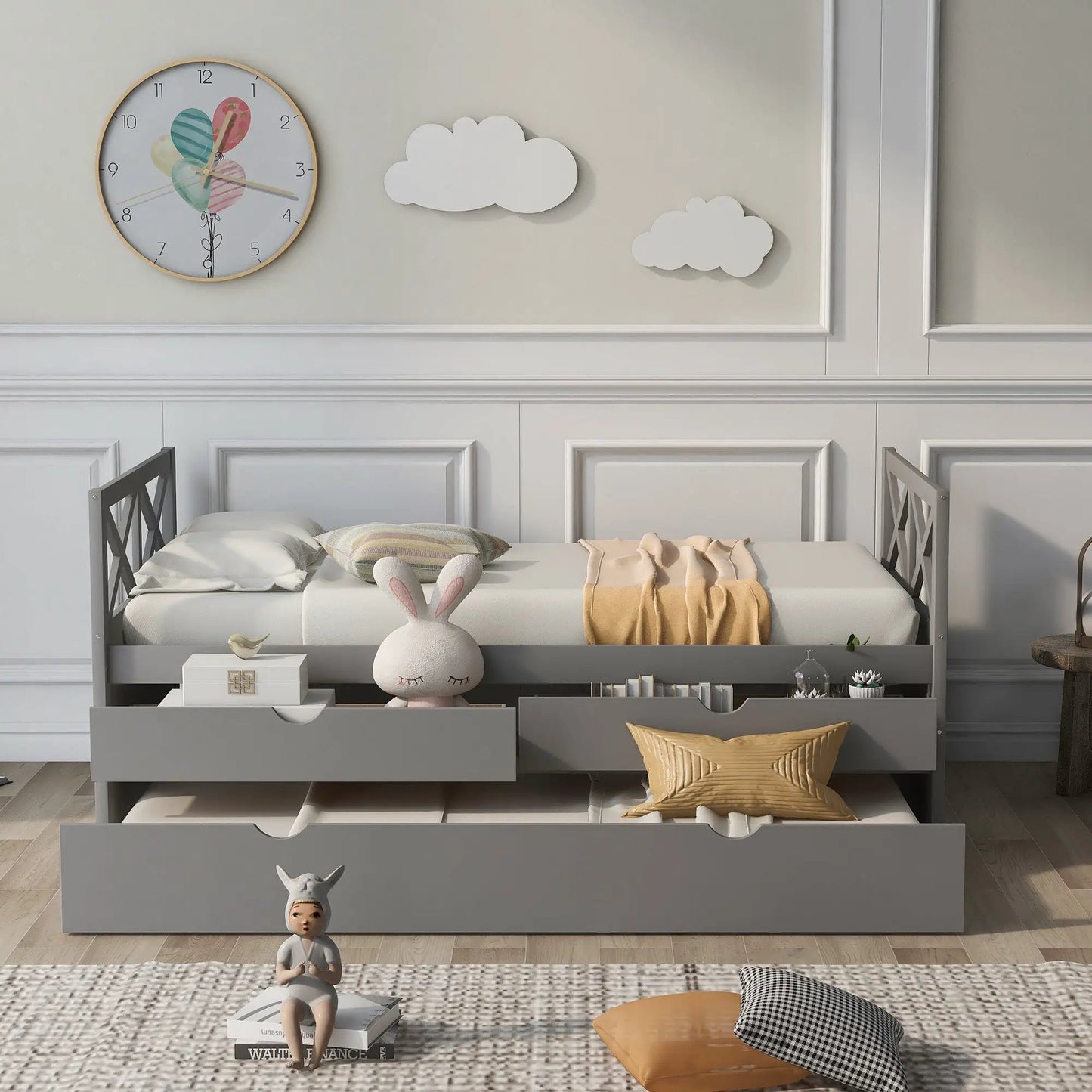 Gray daybed with drawers and trundle in a modern twin bed frame with cloud decor on Tampa Home & Garden Store