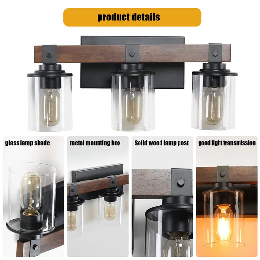 Walnut Farmhouse Vanity Three Lights Fixture with walnut wood bar and clear glass shades on Tampa Home & Garden Store