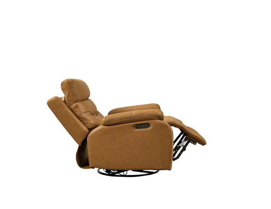 Liyasi OKIN motorized swivel rocking recliner in tan brown leather with side controls on Tampa Home & Garden Store