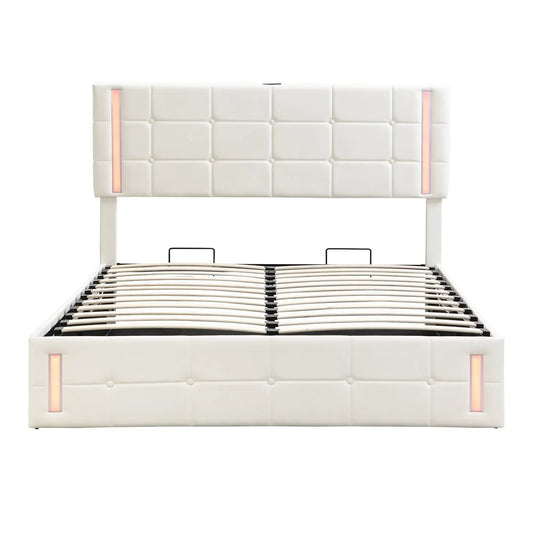 White queen upholstered bed with LED lights and tufted headboard, platform bed frame on Tampa Home & Garden Store