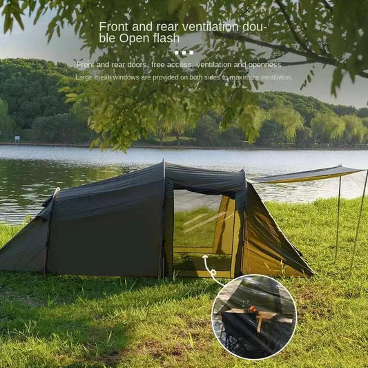 Yousky tunnel tent for camping family tent in olive green with front canopy by lake on Tampa Home & Garden Store