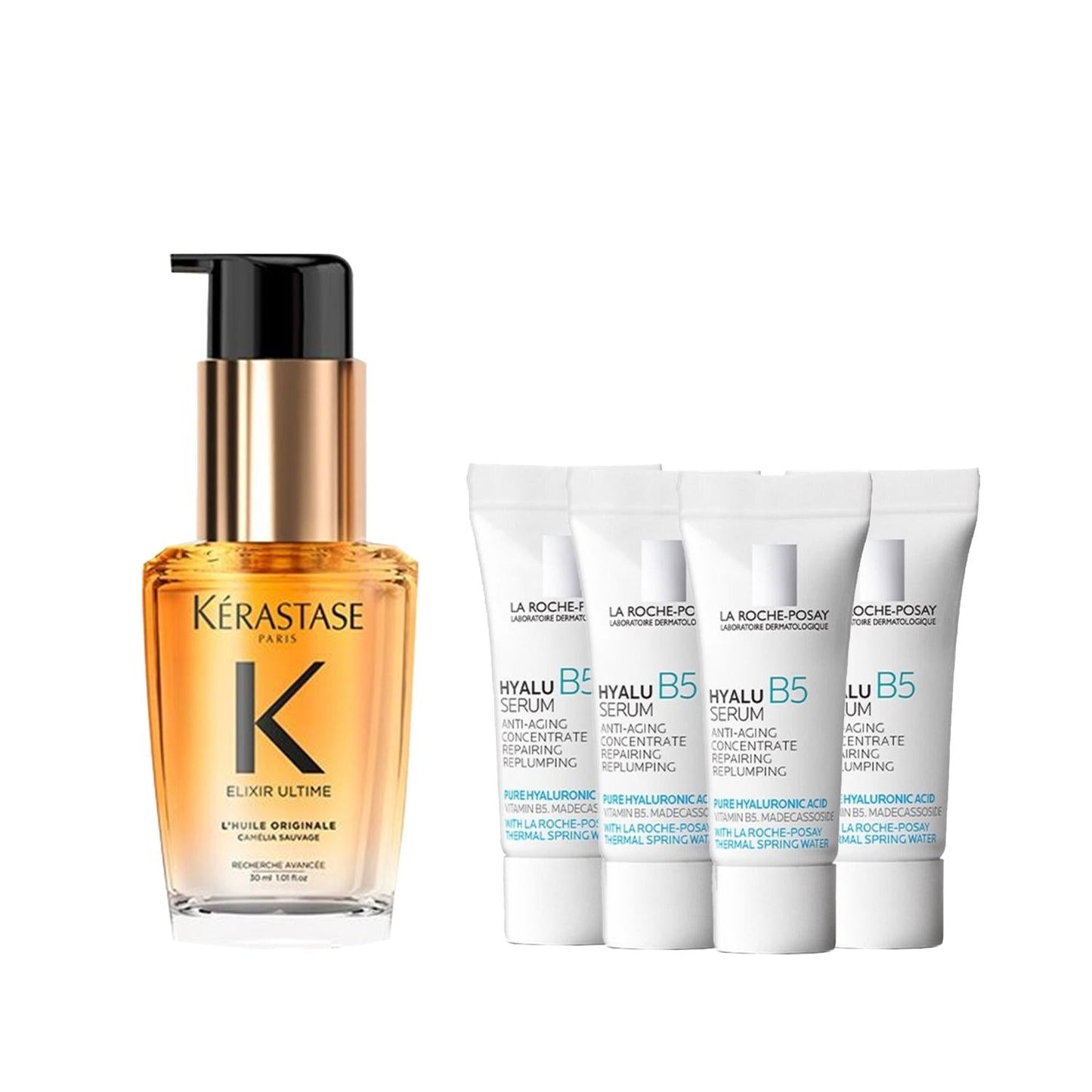 Kerastase Elixir Ultime hair oil bottle with black pump + 5 La Roche-Posay Hyalu B5 serums in white tubes on Tampa Home & Garden Store