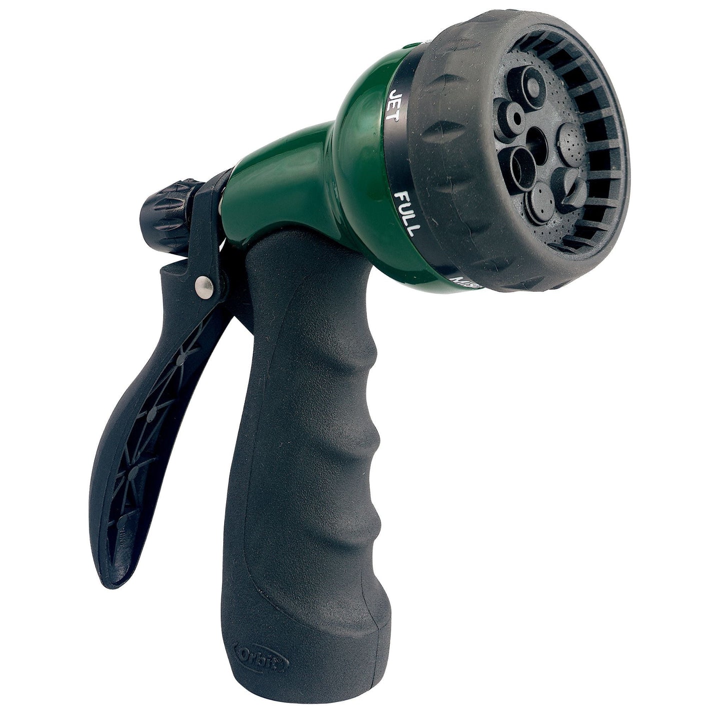 7-pattern metal rear-trigger nozzle, green Orbit Irrigation handle, multi-pattern spray on Tampa Home & Garden Store