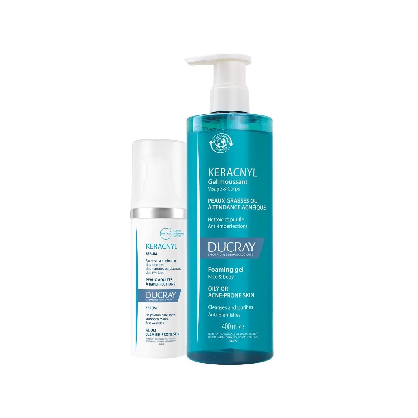 Ducray Keracnyl Gel moussant foaming gel for oily acne-prone skin with Keracnyl serum bottle, 2-piece set on Tampa Home & Garden Store
