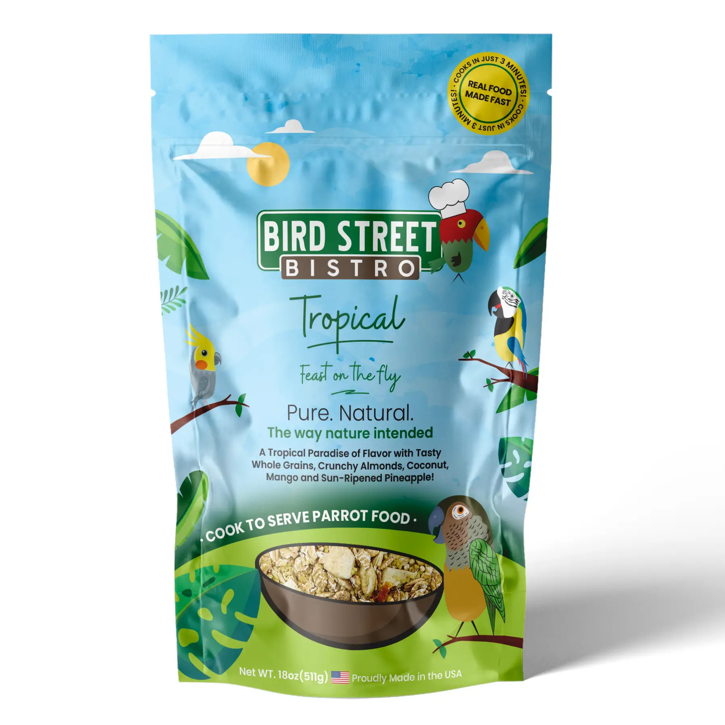 Bird Street Bistro Tropical Parrot Food Coconut Mango Pineapple tropical flavor mix in bag on Tampa Home & Garden Store