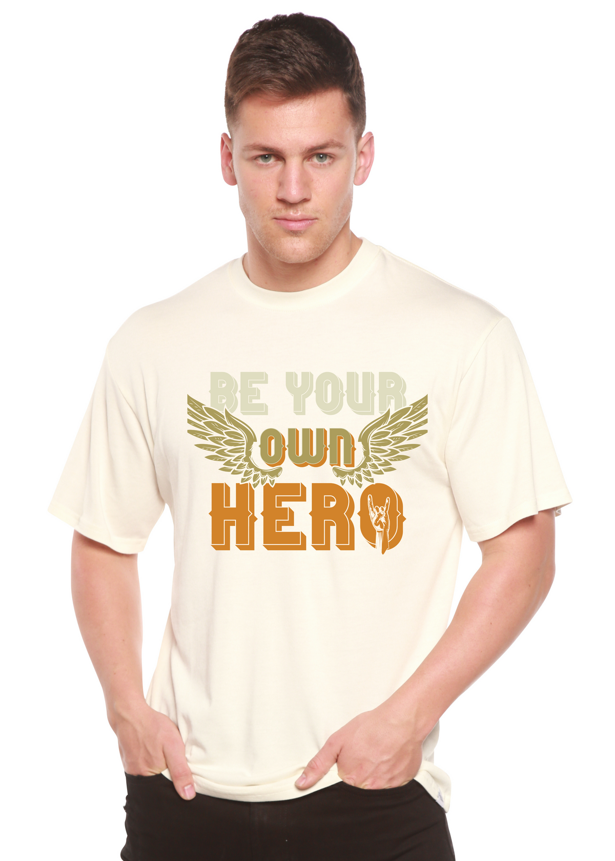 Be Your Own Hero men's graphic tee cream with wings and olive green/orange text on Tampa Home & Garden Store