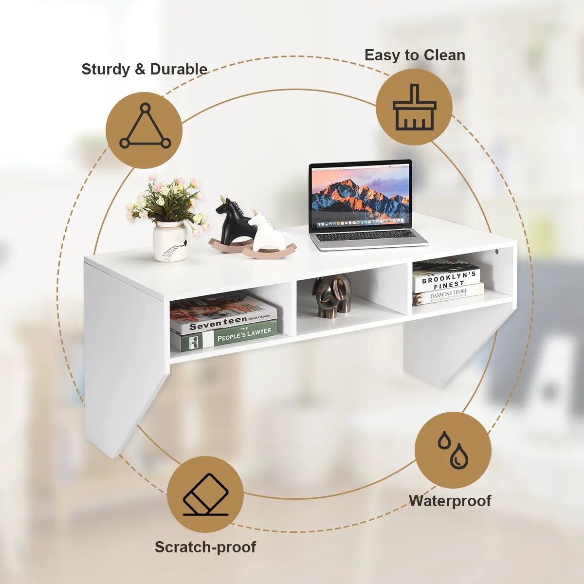DirectDeals white wall-mounted floating computer desk shelf with open cubbies and laptop on Tampa Home & Garden Store