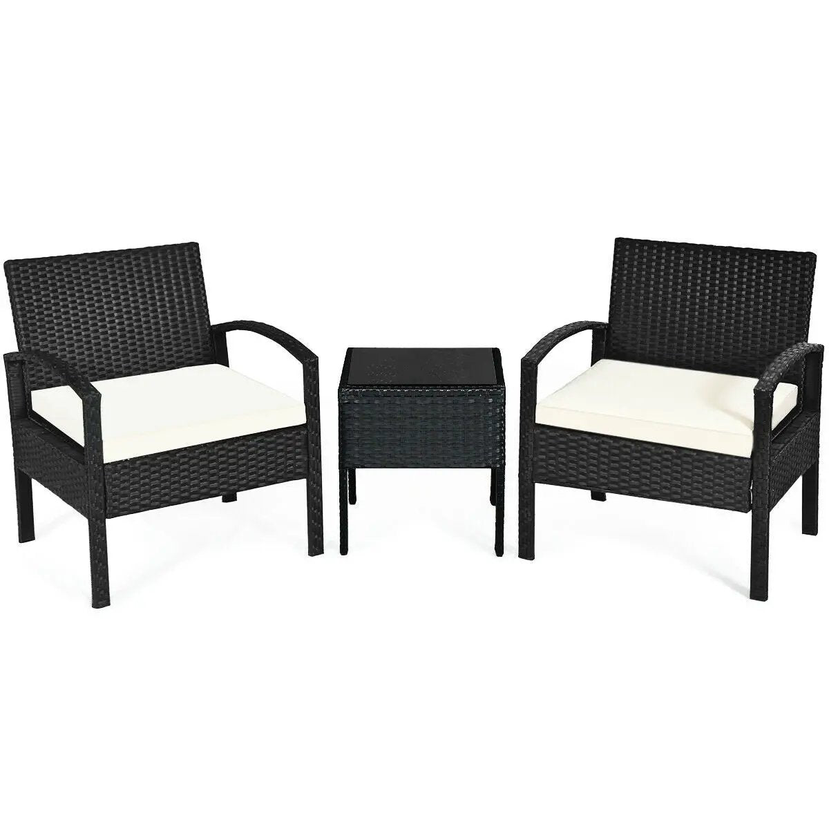 Rattan Patio Conversation Set with Cushions, 2 black wicker chairs and table, cream cushions on Tampa Home & Garden Store