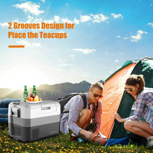 DirectDeals 58 Quart portable electric cooler for camping, white/gray, near a car at campsite on Tampa Home & Garden Store