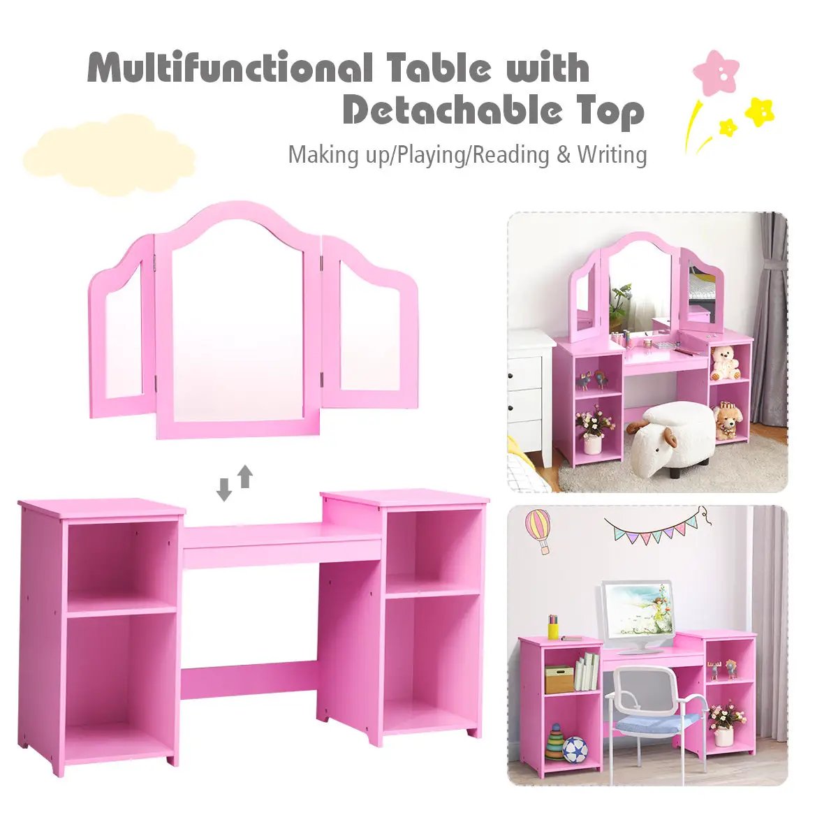 Kids Tri Folding Mirror Makeup Dressing Vanity Table Set-Pink - Tampa Home & Garden Store