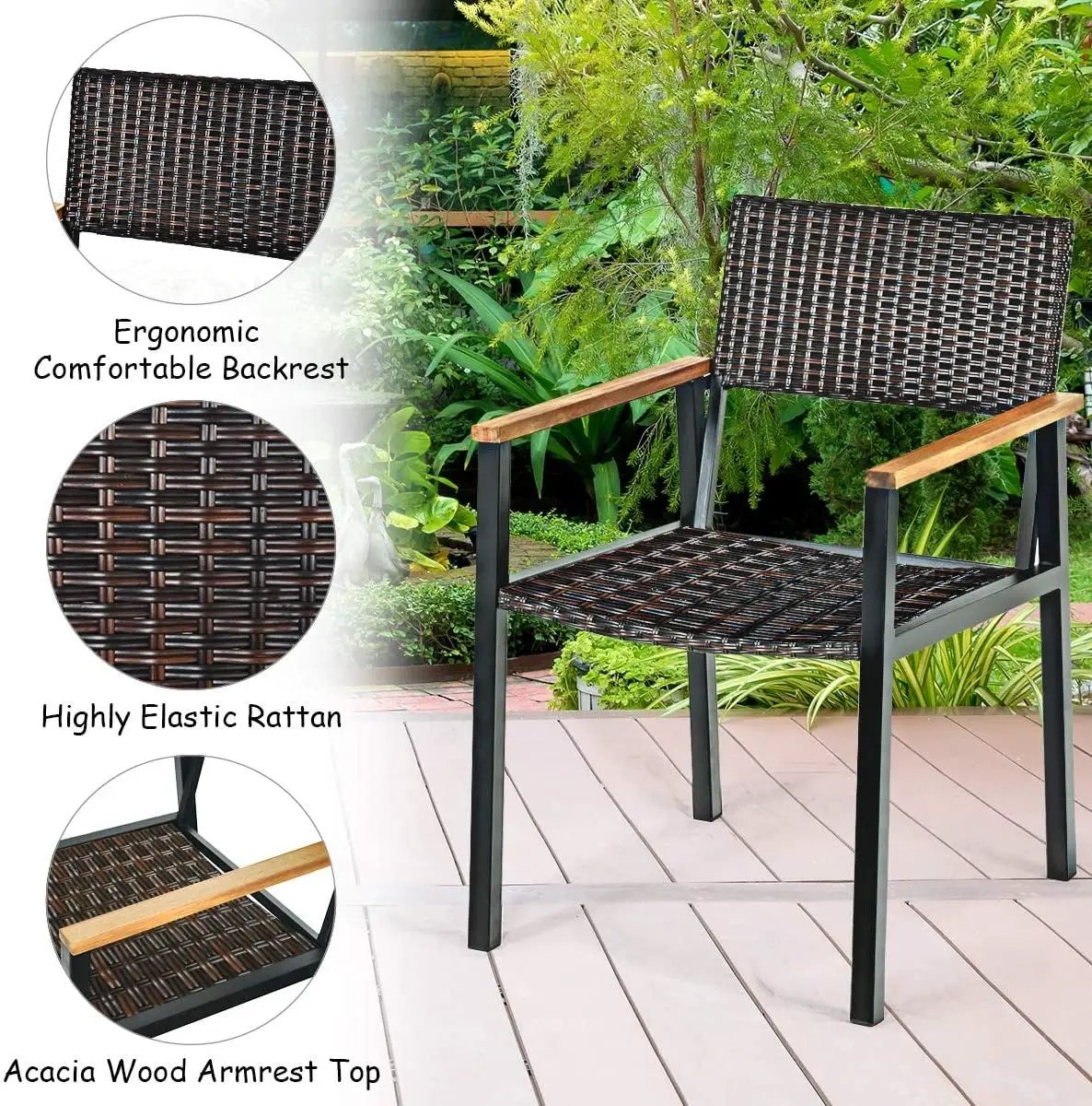 7-Piece outdoor dining set with acacia wood armrests and woven rattan backrest on Tampa Home & Garden Store