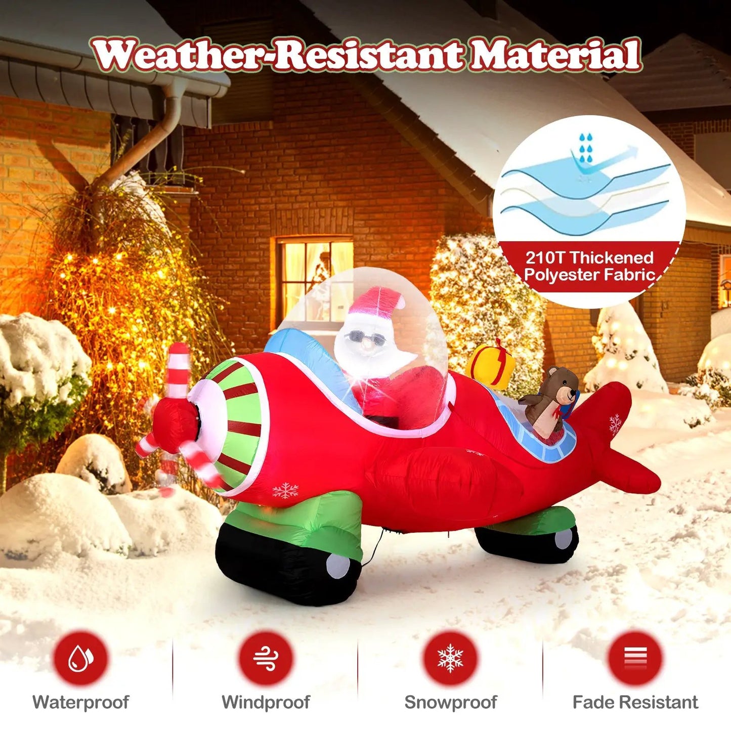 Christmas airplane inflatable with Santa, red body and green landing gear, LED lights 7.2 ft on Tampa Home & Garden Store