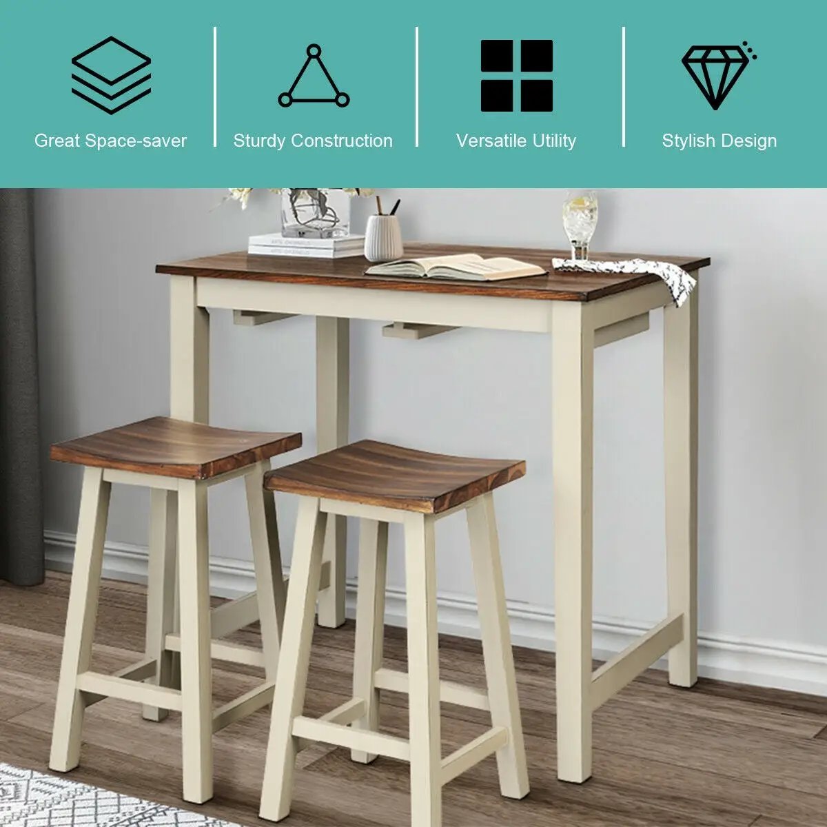 Counter height pub table with 2 saddle bar stools, wood brown tops and cream legs DirectDeals on Tampa Home & Garden Store