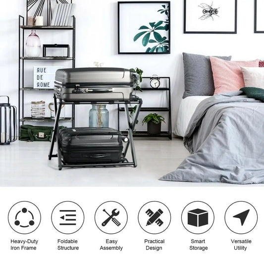 Set of 2 folding metal luggage racks with black frame and gray top, black bottom suitcases on Tampa Home & Garden Store