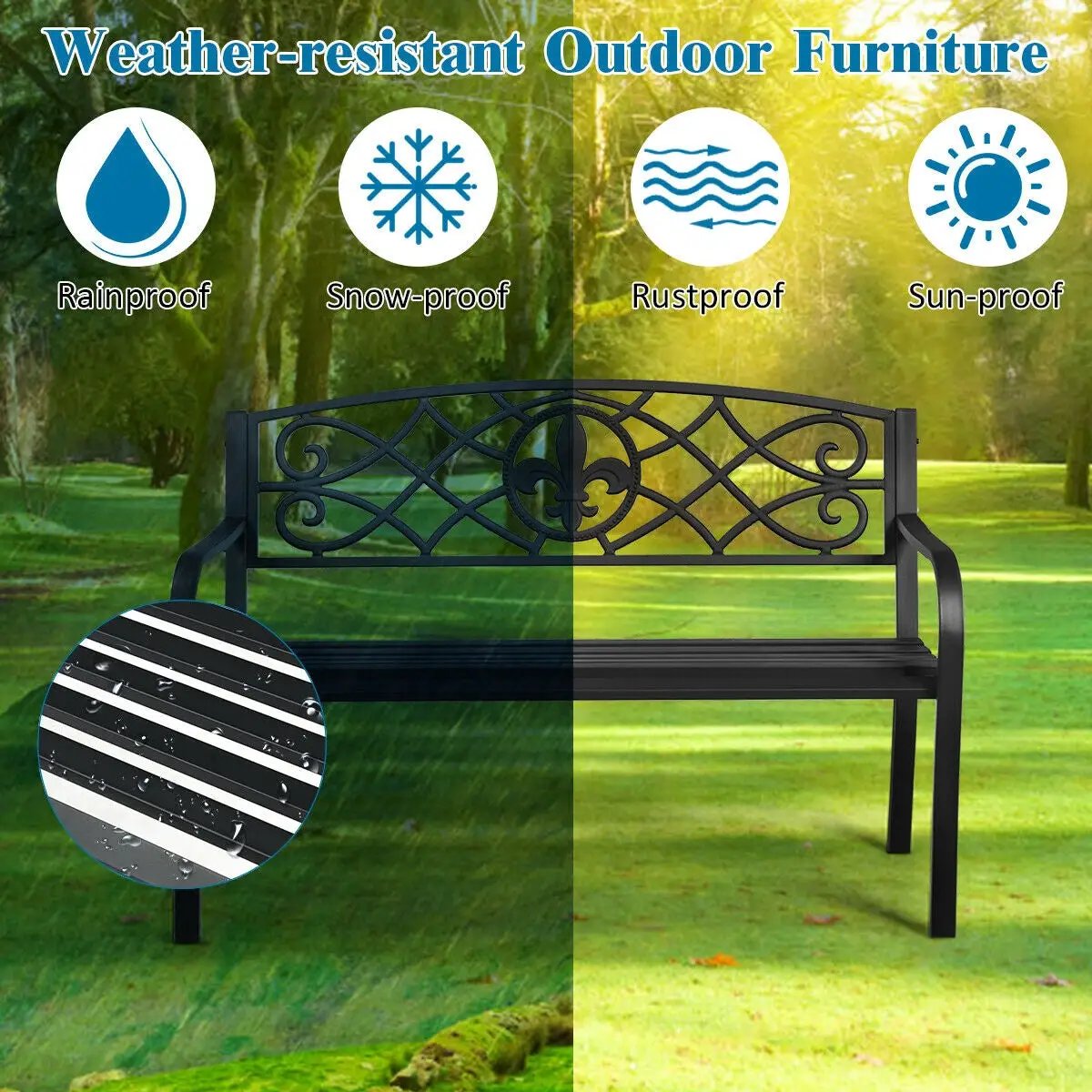 50 Inch heavy-duty metal garden bench with ornate backrest, black finish on Tampa Home & Garden Store