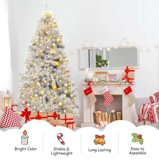 Hinged Unlit Silver Tinsel Christmas Tree, 7.5 ft with gold ornaments on Tampa Home & Garden Store