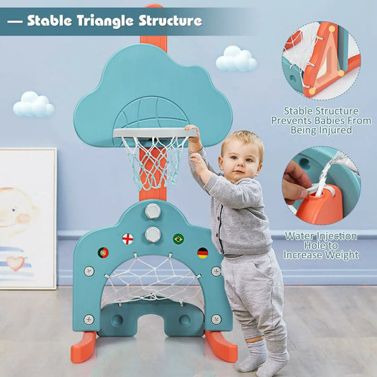 3-In-1 Kids Basketball Hoop Set with Balls teal cloud-shaped backboard and child reaching for the hoop on Tampa Home & Garden Store