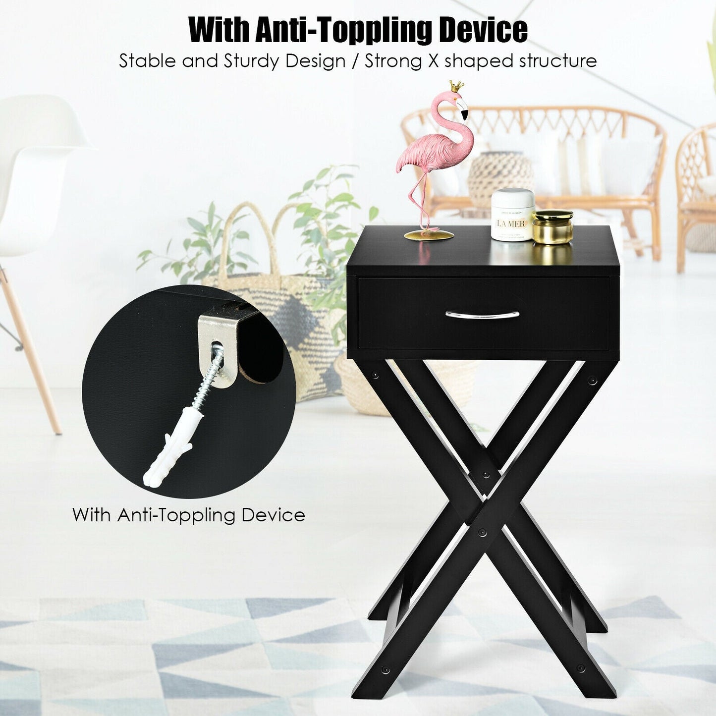 Mesa Auxiliar de Sofá de Diseño con Cajón en Forma de X para Sala de Estar o Dormitorio - Negro