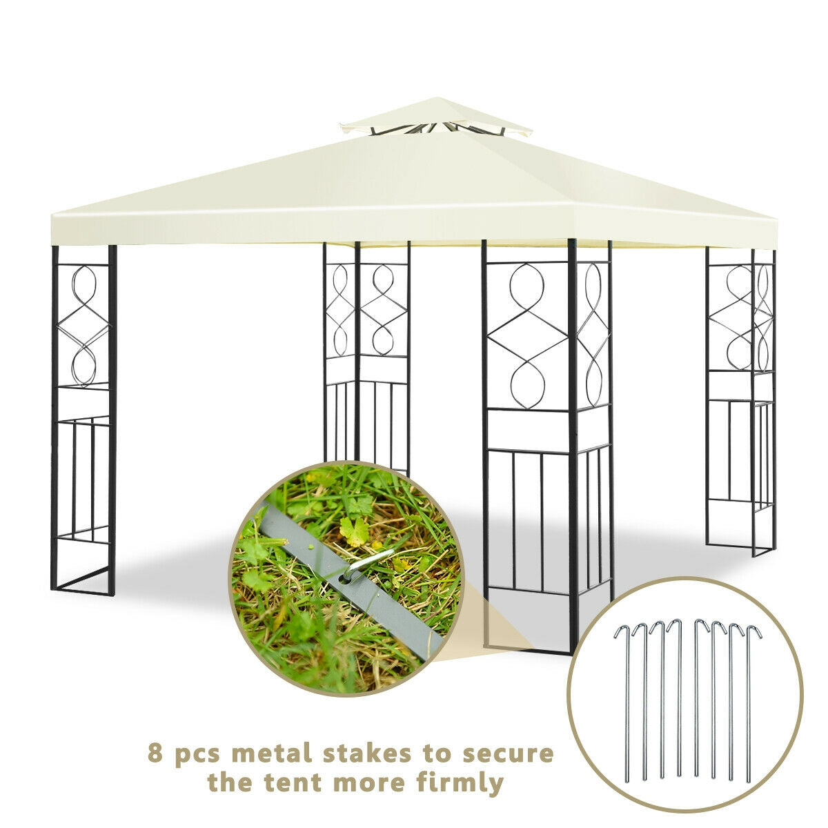 GemGear 2-Tier 10x10 ft patio gazebo canopy with cream top and black metal frame, 8 stakes on Tampa Home & Garden Store