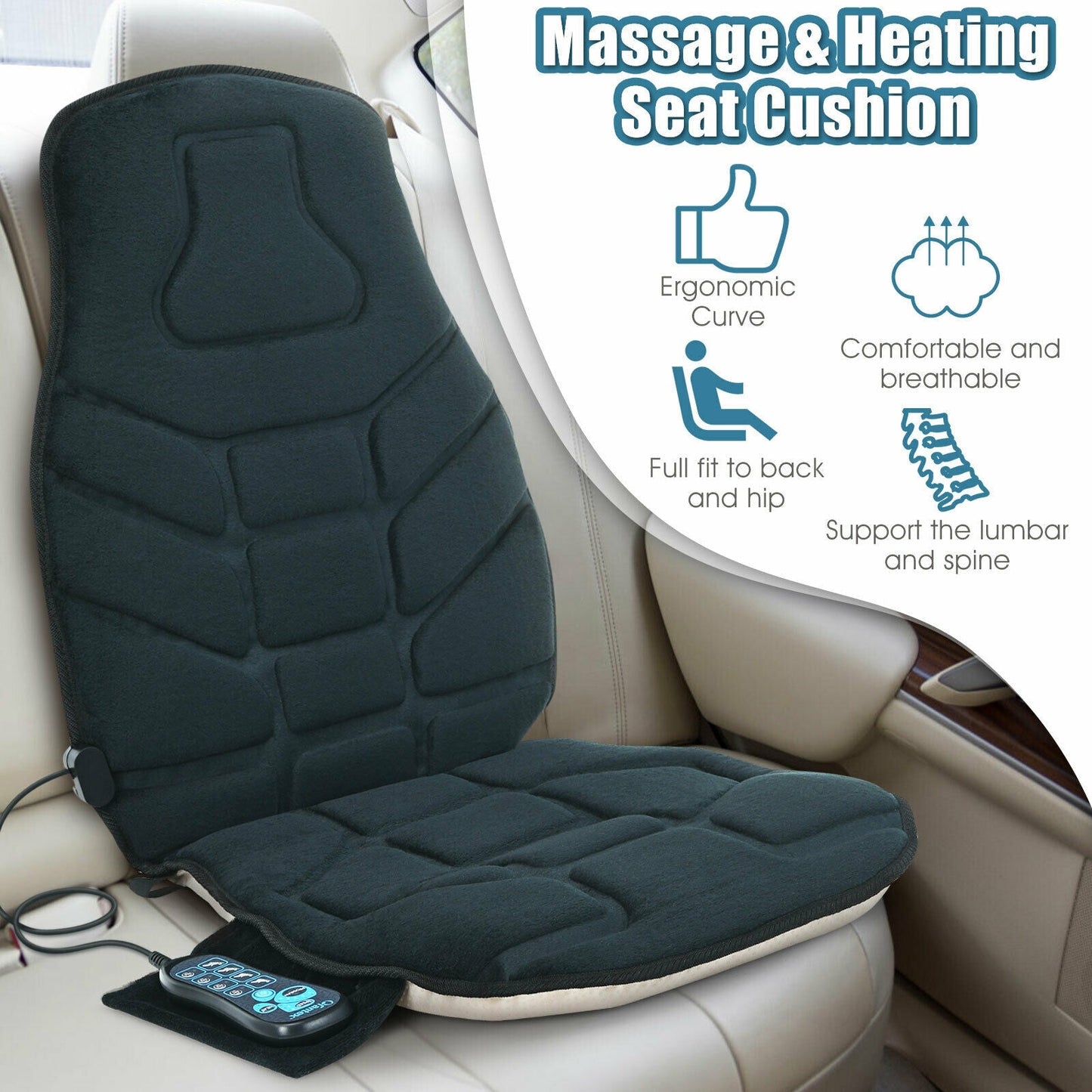 Seat Cushion Massager with Heat and Six Motors, black fabric, wired remote on Tampa Home & Garden Store