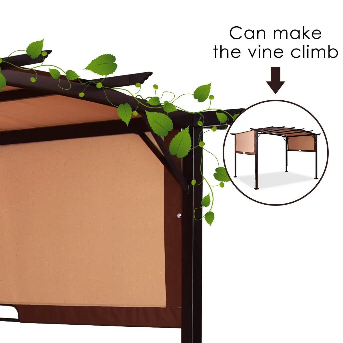 12 x 9 Feet Pergola Gazebo with Retractable Shade, brown frame, beige canopy on Tampa Home & Garden Store