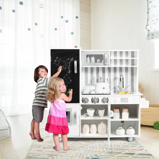 Wooden pretend play kitchen set with sound, white finish and chalkboard panel on Tampa Home & Garden Store