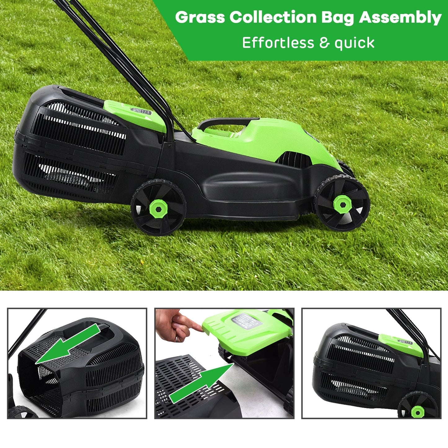 Cortacésped eléctrico con cable de empuje de 13 pulgadas con bolsa recolectora de hierba - Verde