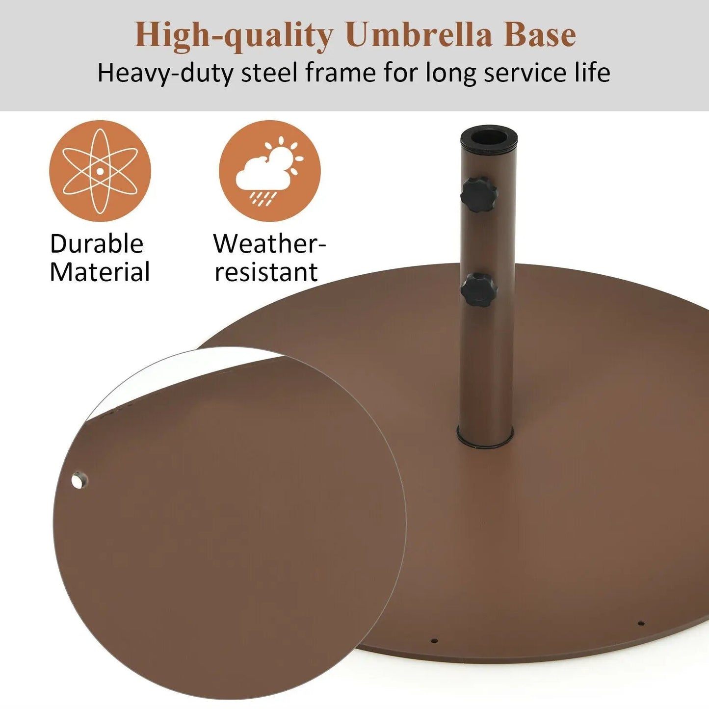Outdoor steel umbrella base stand, 29.5 inches, brown with vertical pole and two knobs on Tampa Home & Garden Store