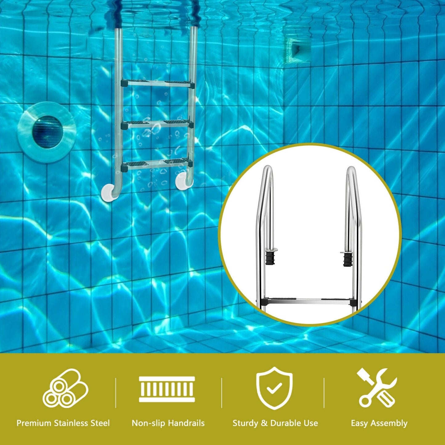 Escalera de Acero Inoxidable de 3 Peldaños para Piscina con Peldaños Antideslizantes