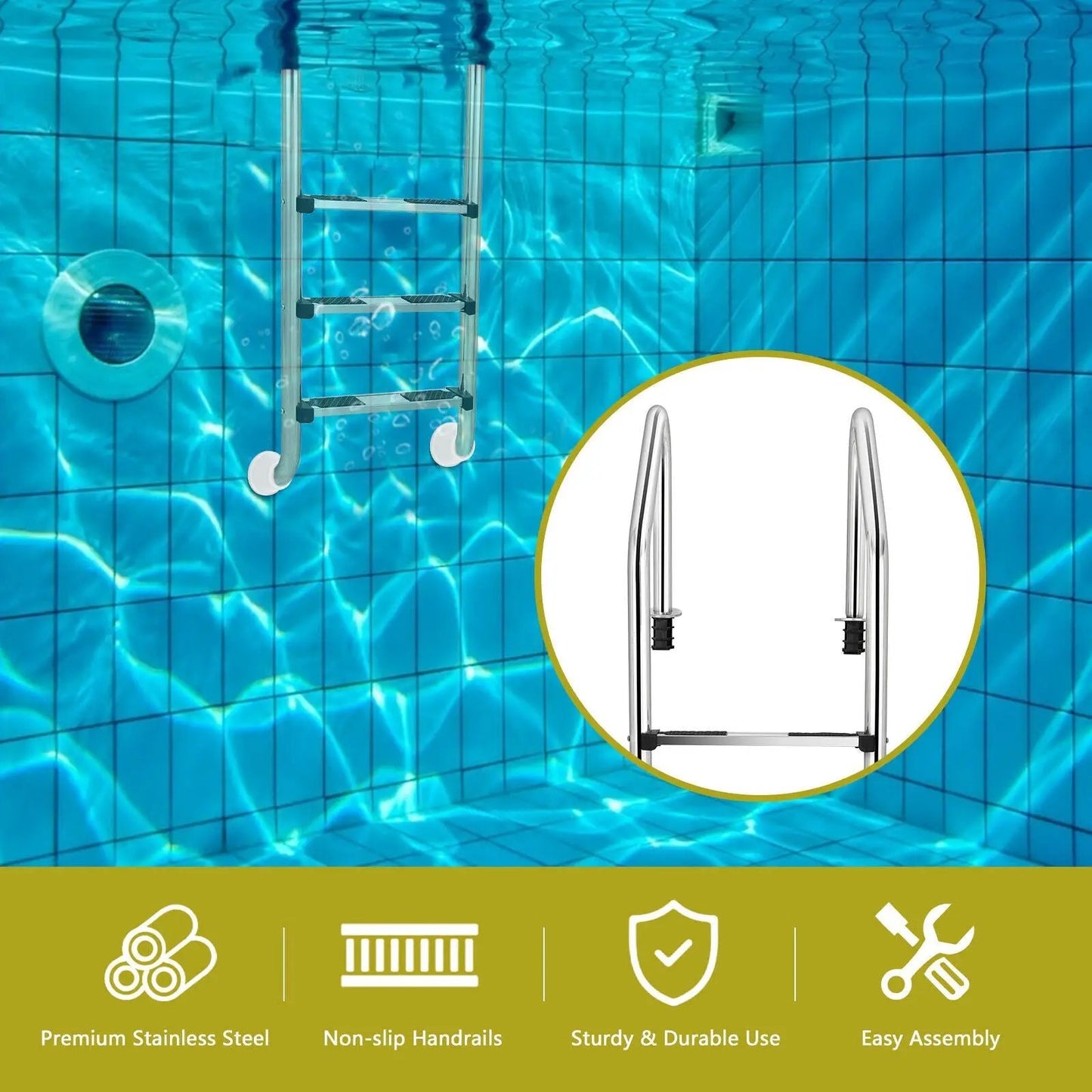 3-Step Stainless Steel Swimming Pool Ladder with Anti-Slip Step - Tampa Home & Garden Store